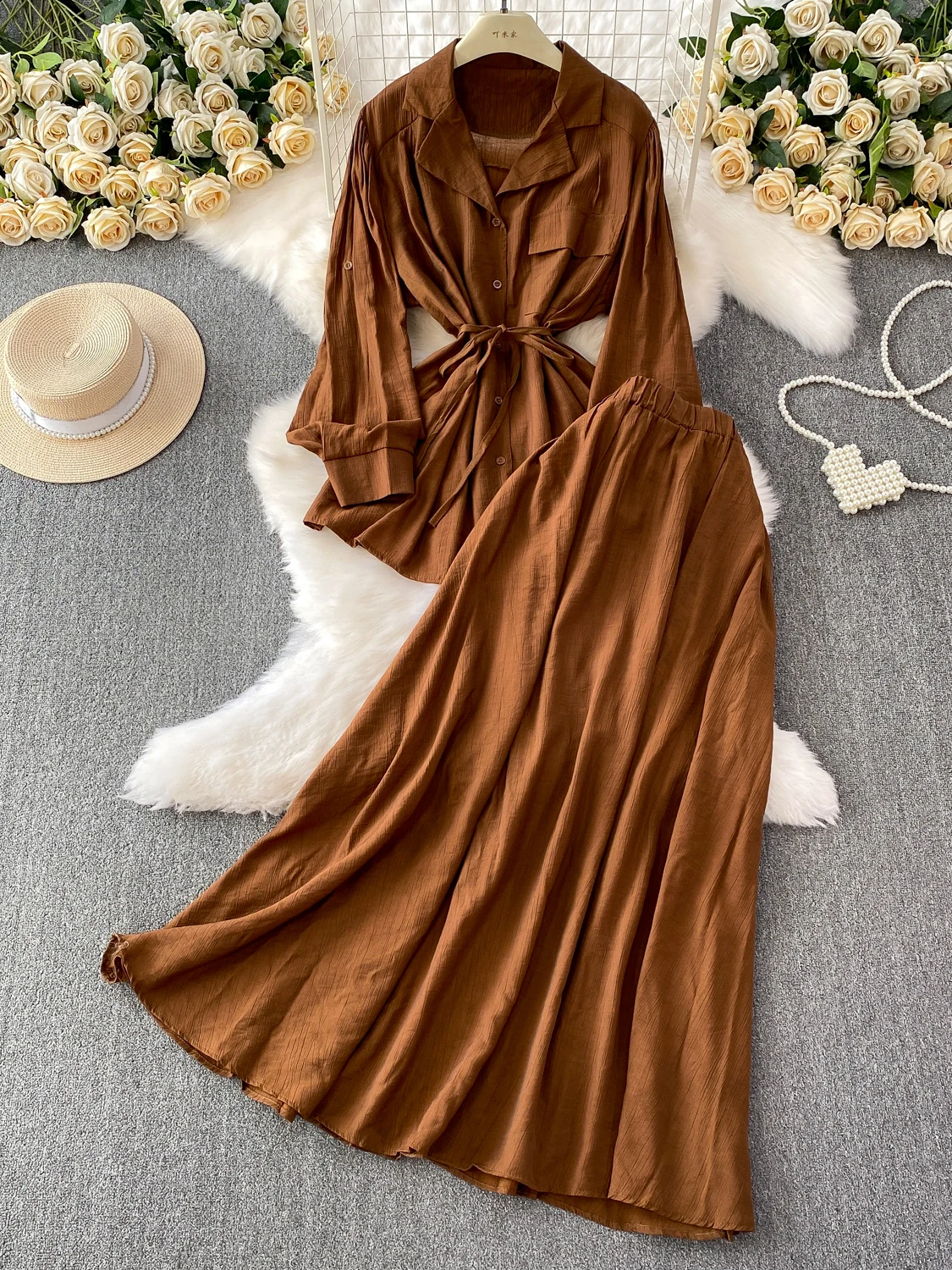 SuperAen Fashion Oversize Women Autumn New Casual Lace-up Waist Notched Long-sleeved Shirt High-waisted Long Skirt Sets