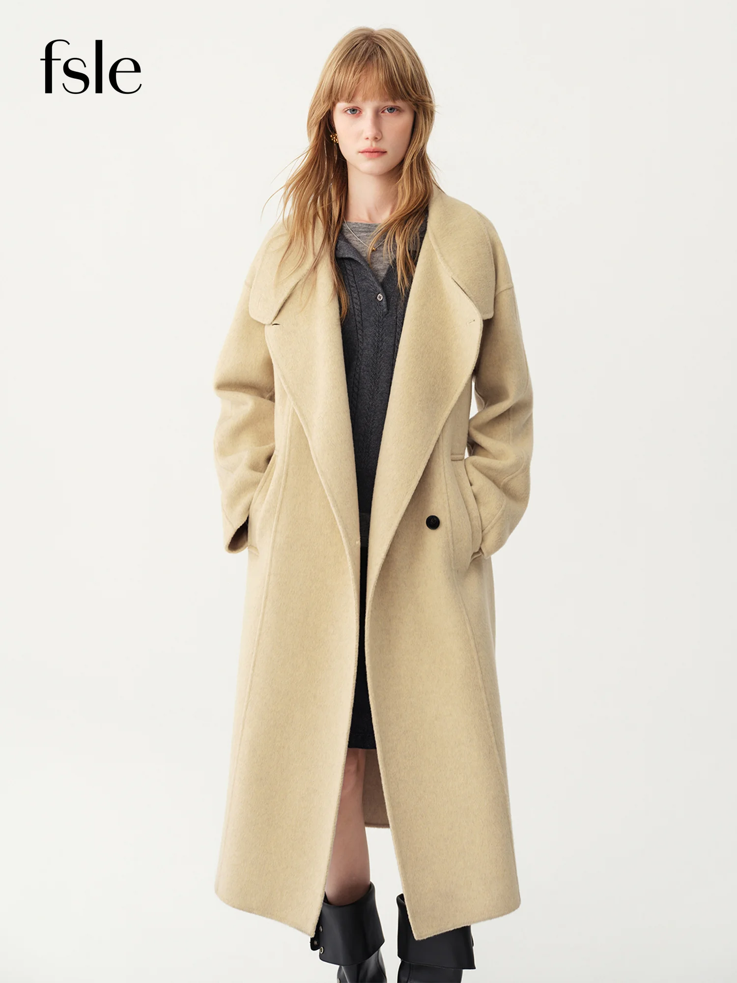 FSLE 2026 Autumn Winter Women Stand Collar Slim Fit Double Faced Wool Coat Elegant Minimalism Long Coat Outerwear New Arrival