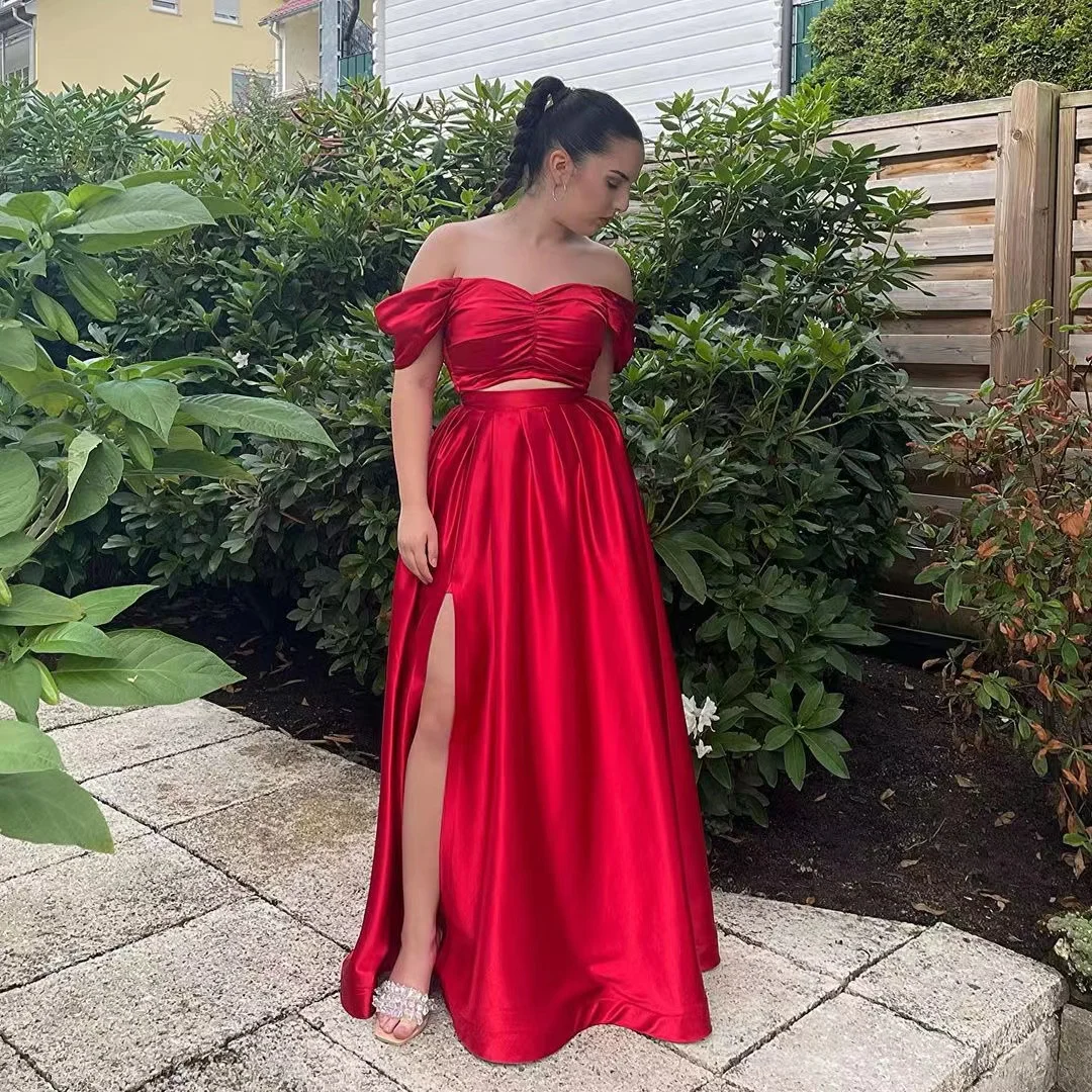 Two Pieces Prom Dresses Sweetheart Off Shoulder Women Wear Long Ruched Side Split Evening Party Formal Occasion Vestidos