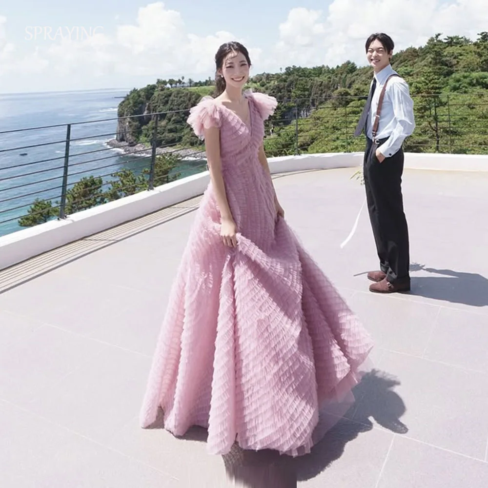 SPRAYING princesa cuello en V vestidos de noche con tirantes Corea sesión de fotos de boda tul una línea vestido de fiesta largo escalonado corsé personalizado