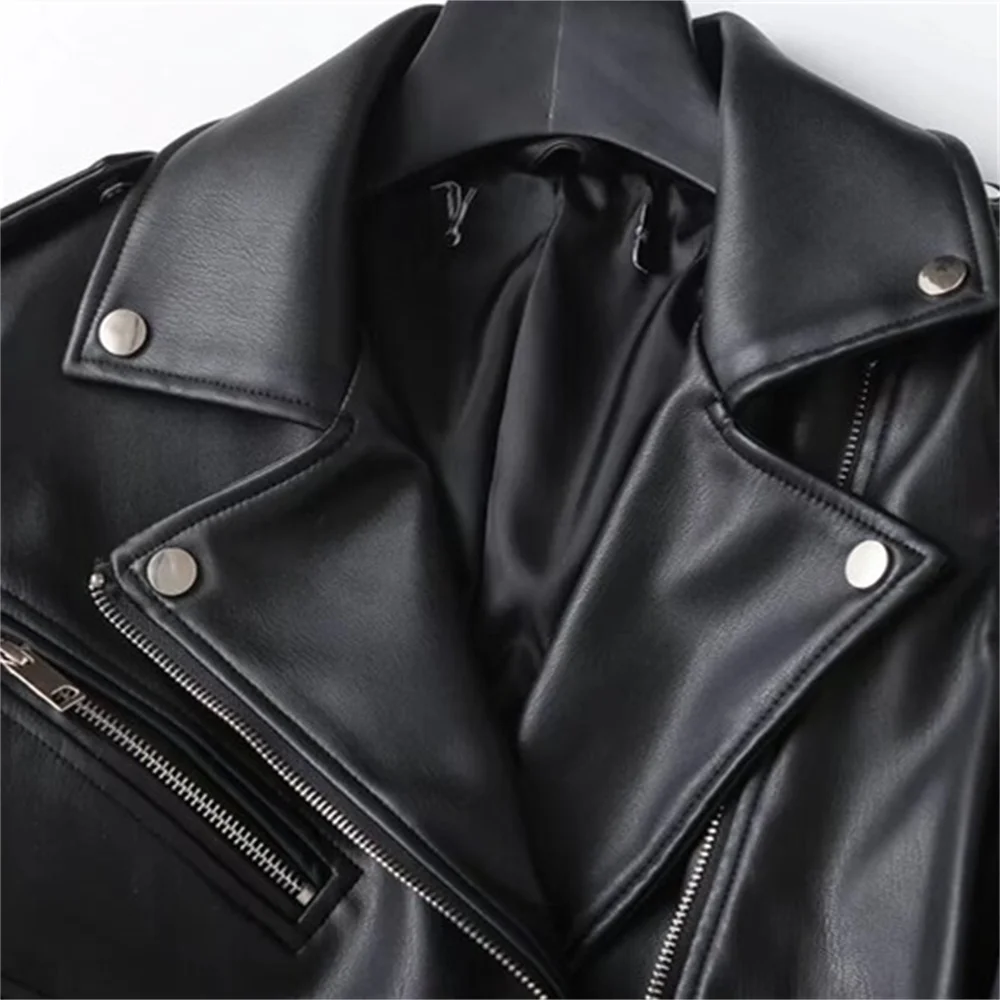 TRAF 2024 Autumn New Product Women\'s Casual Versatile Flip Collar Imitation Leather Motorcycle Jacket Leather Coat