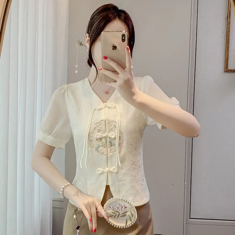 Chinese Style Women Button Up Embroidered Shirt 2024 Summer Female New Age Reducing Short Sleeved Tassel Short Style Bubble to