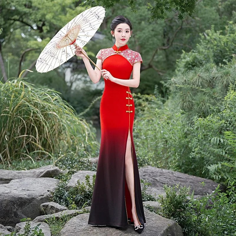 

Женское восточное винтажное длинное платье Aodai с коротким рукавом, традиционная вышивка, свадебная вечеринка, Cheongsam