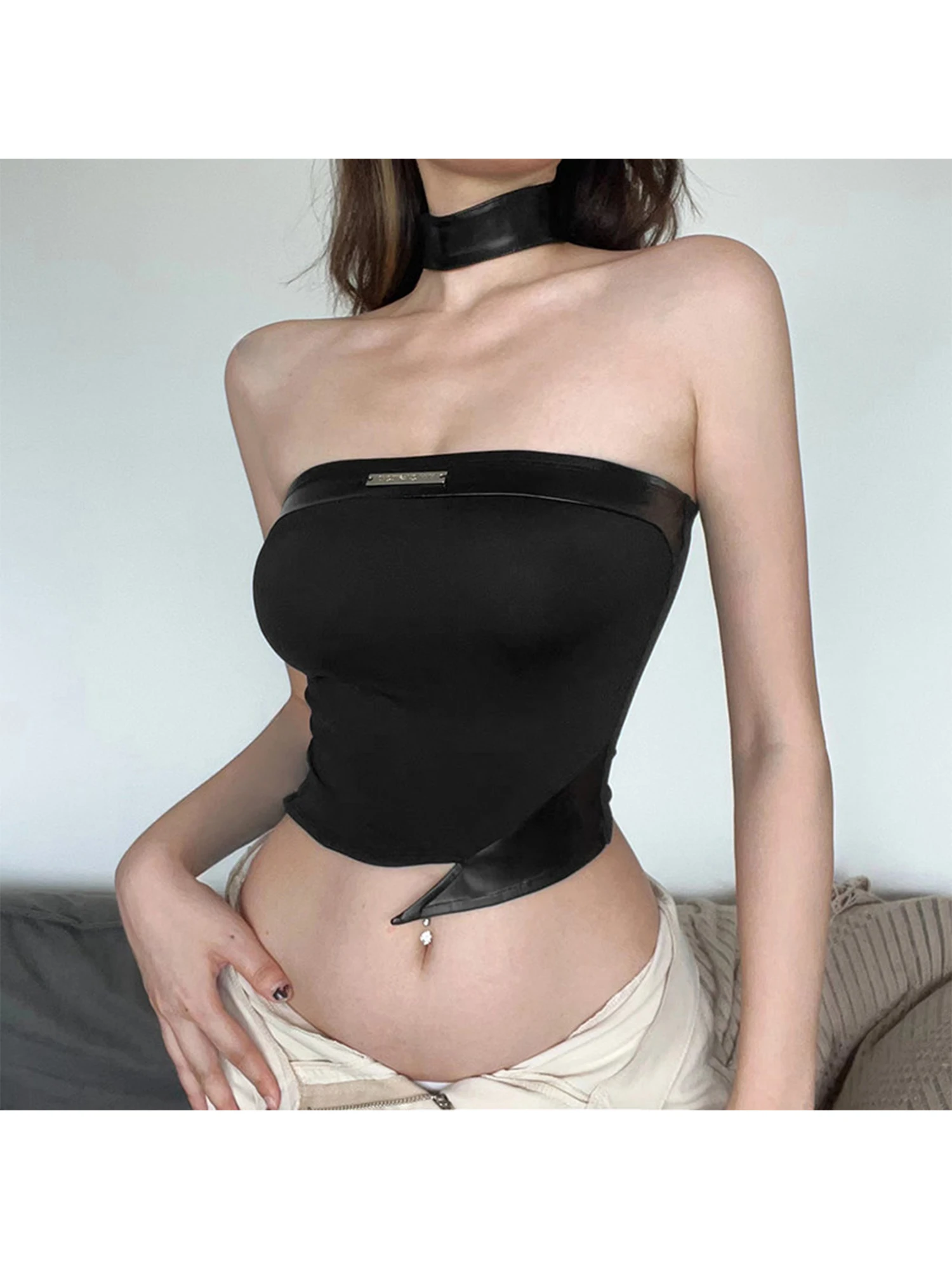 Women Black Gothic PU Leather Patchwork Strapless Bustier Tank Top Irregular Cropped Top Camisole Cropped Top Backless Sexy Vest