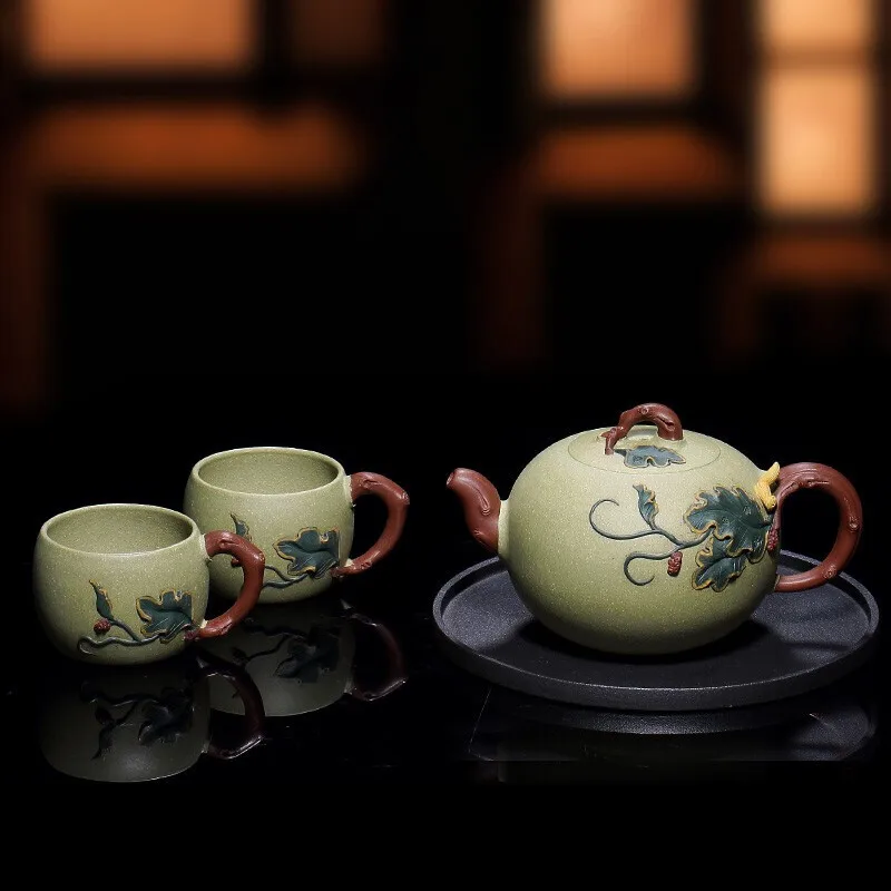 Zanghutianxia Yixing Purple Clay Pot Famous Dell Qichun All Handmade Flowers Goods Grapes Teapot Benshan Green Mud Benshan Green