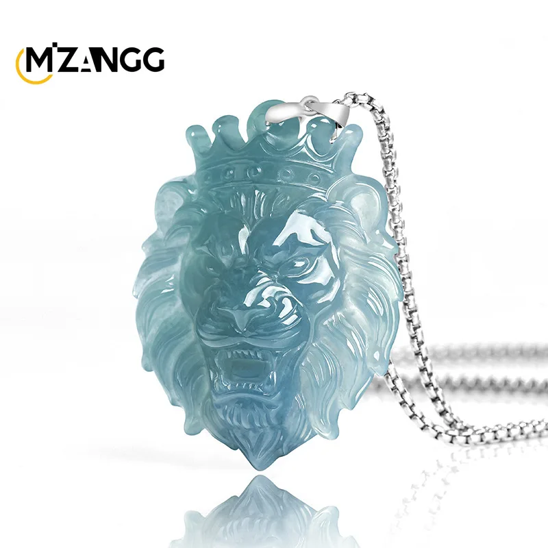 

Natural Jadeite Blue Water Lion's Head Meatball Pendant Three-dimensional Carving Ice-type Jade Necklace Unisex Charming Gift