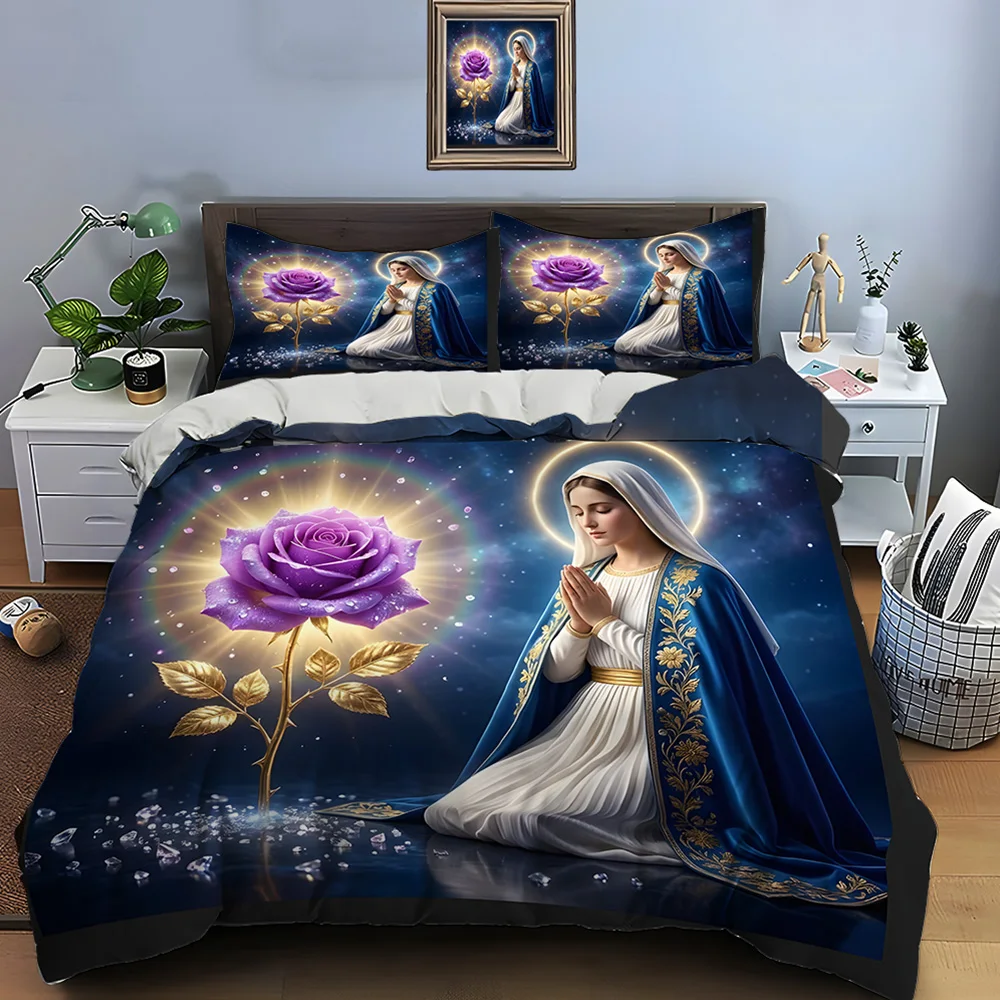 The Virgin Mary and the Purple Rose Bedding Set for Kids Luxury Gift 3pcs Digital Print Comforter Set Soft Comfortable