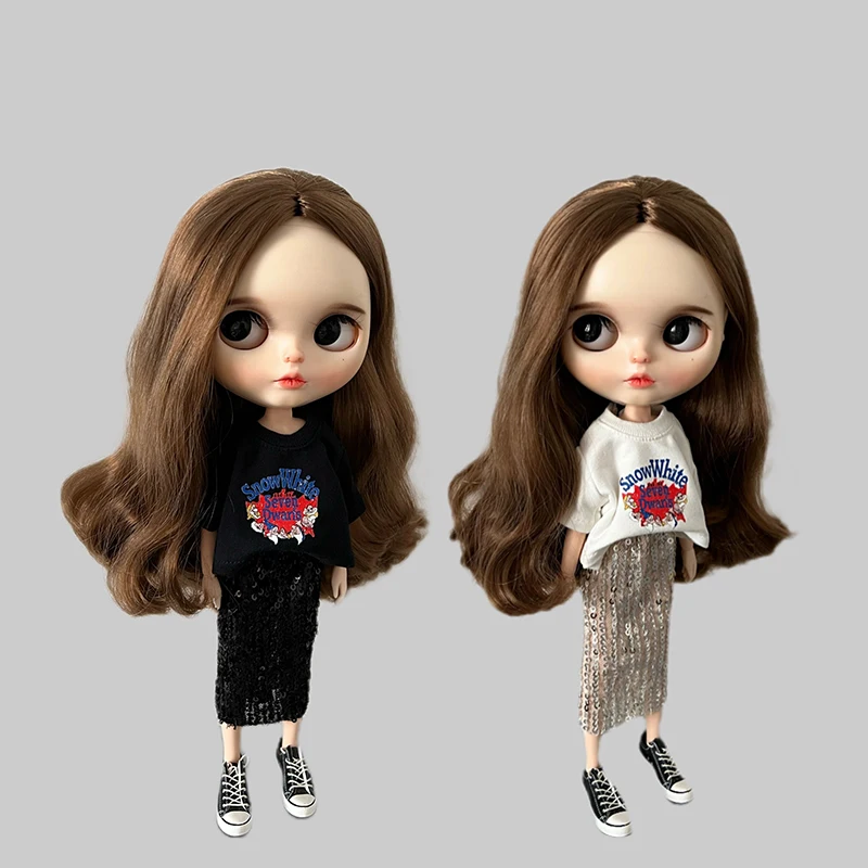 DLBell Fashion O-Neck T-shirt Tops and Shiny Long Skirt for Blythe Barbie OB24 Pullip Doll Outfits Gifts