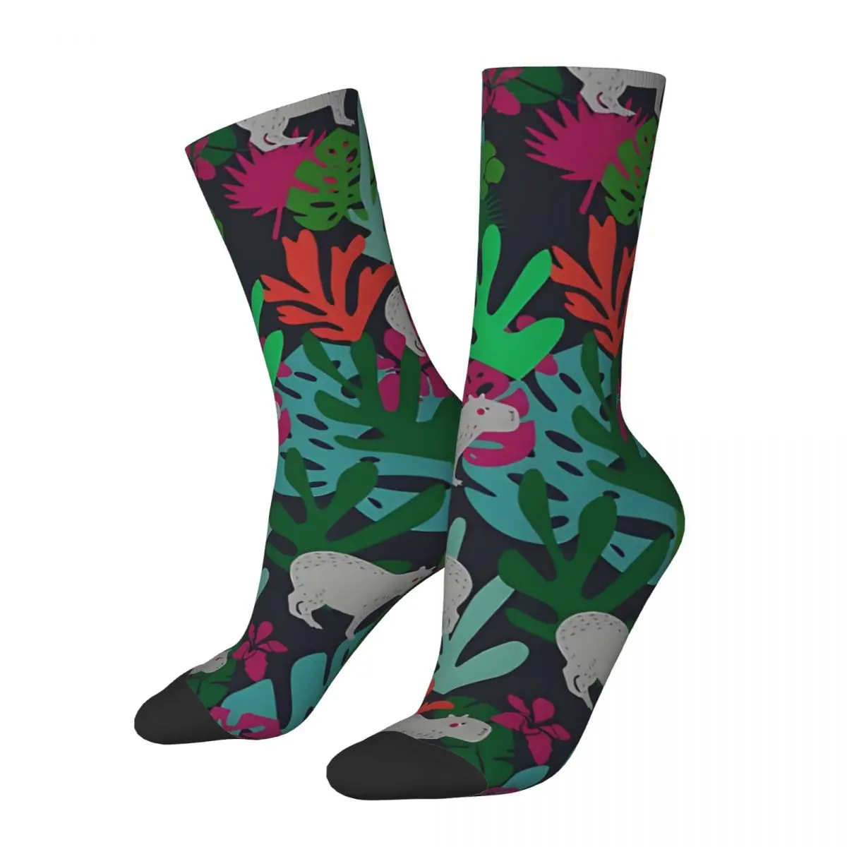 Funny Cute Capybara Pattern On Tropical Leaves Men's Socks Vintage Harajuku Cute Capybara Novelty Crew Crazy Sock Gift Printed