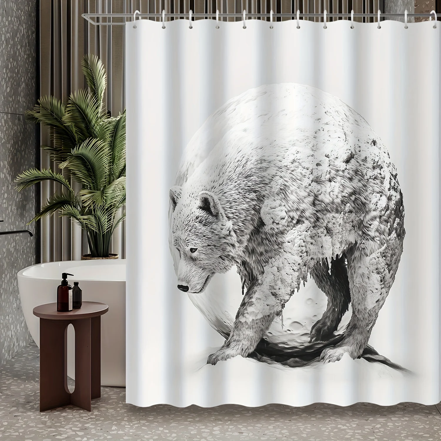 

1pc Modern Creative Stone Carved Animal Climbing Wild Animal Polar Bear Arctic Theme Printed Shower Curtain, Polyester