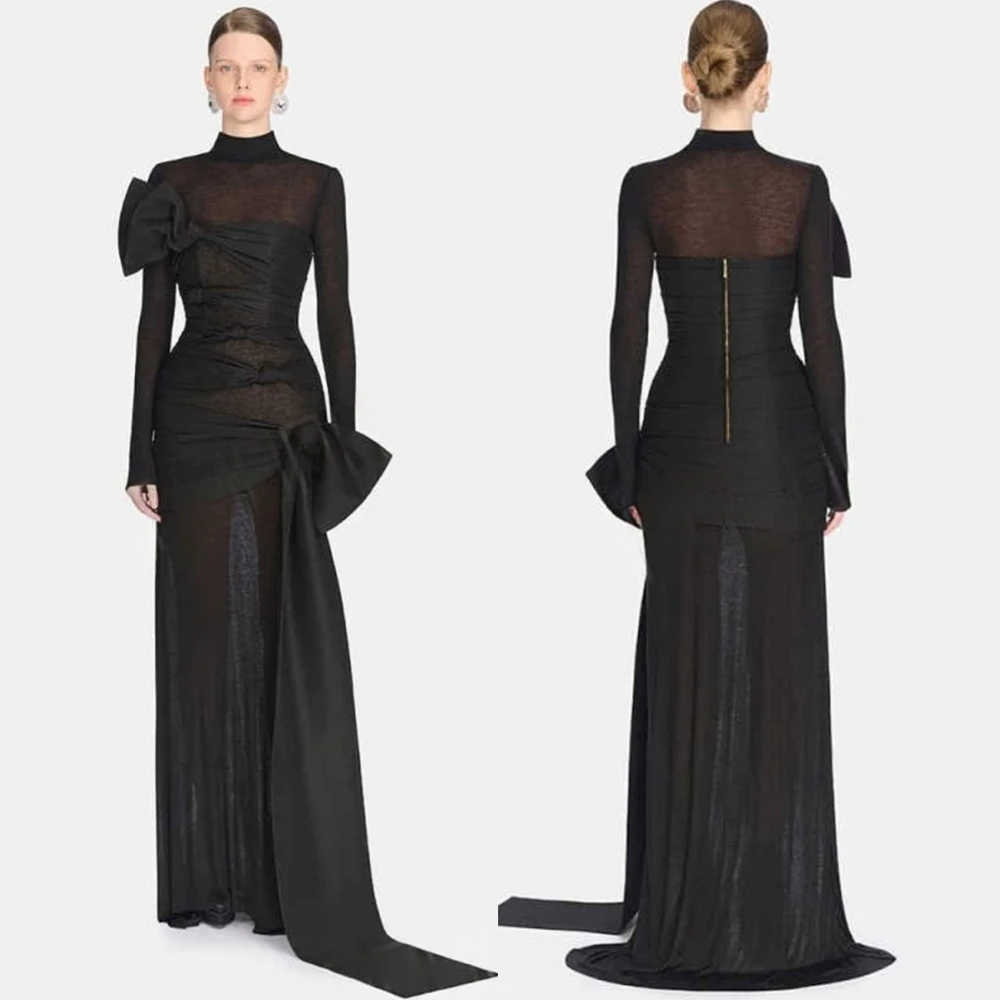 

Customized Simple Chiffon Bow Evening Dress Exquisite High Collar Prom Dresses Temperament Long Sleeves Special Occasion Gowns