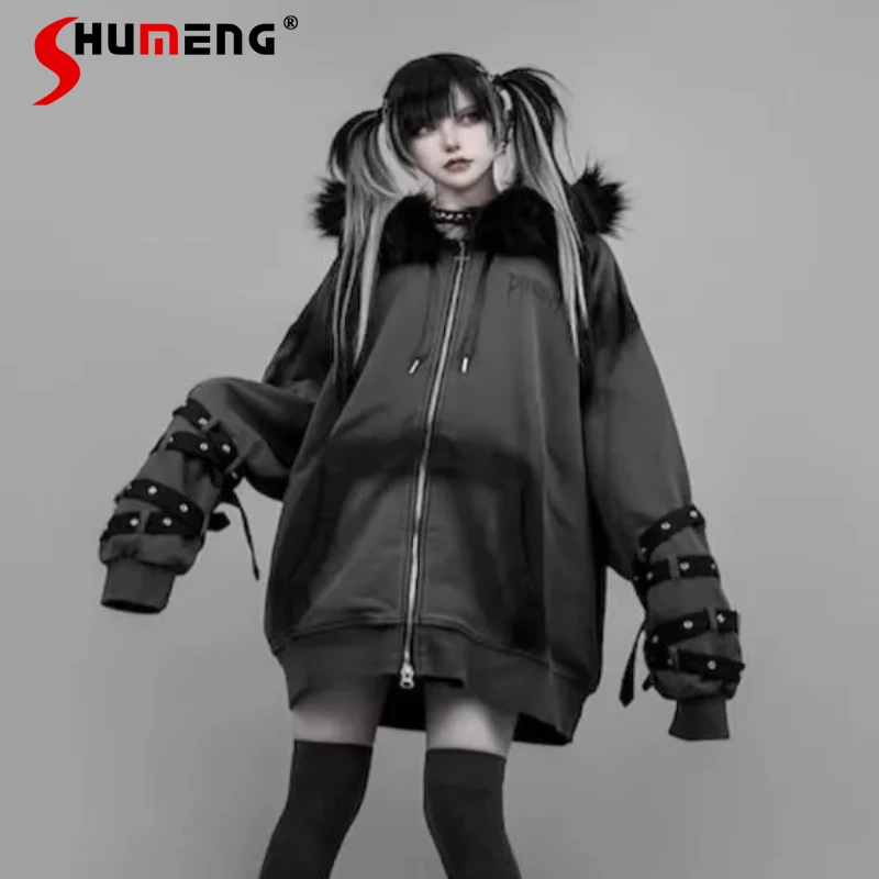 

Street Style Punk Washed Distressed Rivet Breathable Leather Strap Frayed Hooded Loose Zipper Long-sleeves Sweatshirts Y2k Coat