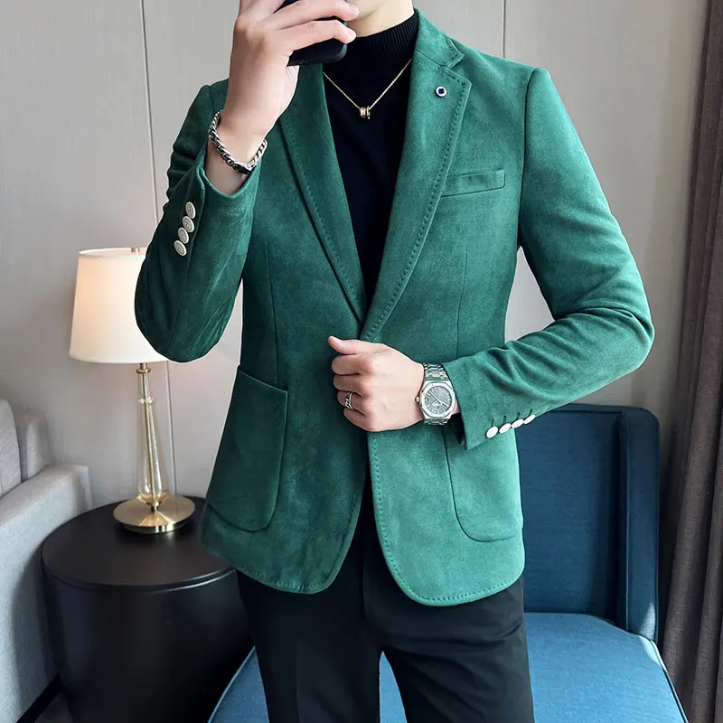 High Quality Suede Suit Jacket for Men Solid Color Casual Business Formal Blazers Slim Fit Wedding Groon Dress Coats M-4XL