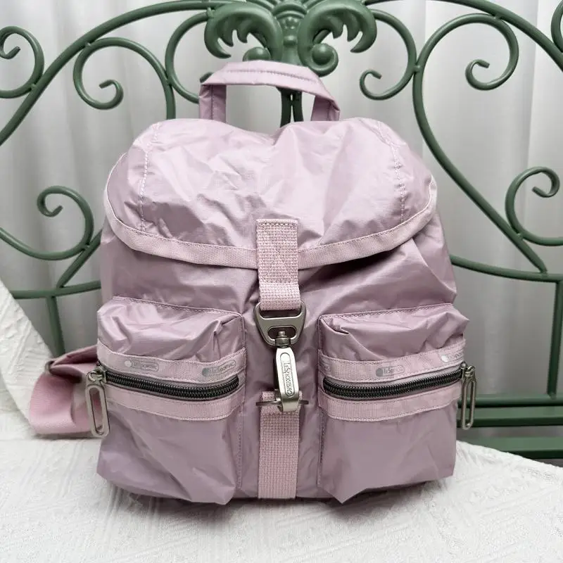 New Solid Color Nylon Womens Bag Double Shoulder Bag for Travel and Leisure with Lid Drawstring Backpack Large Capacity Tote Bag