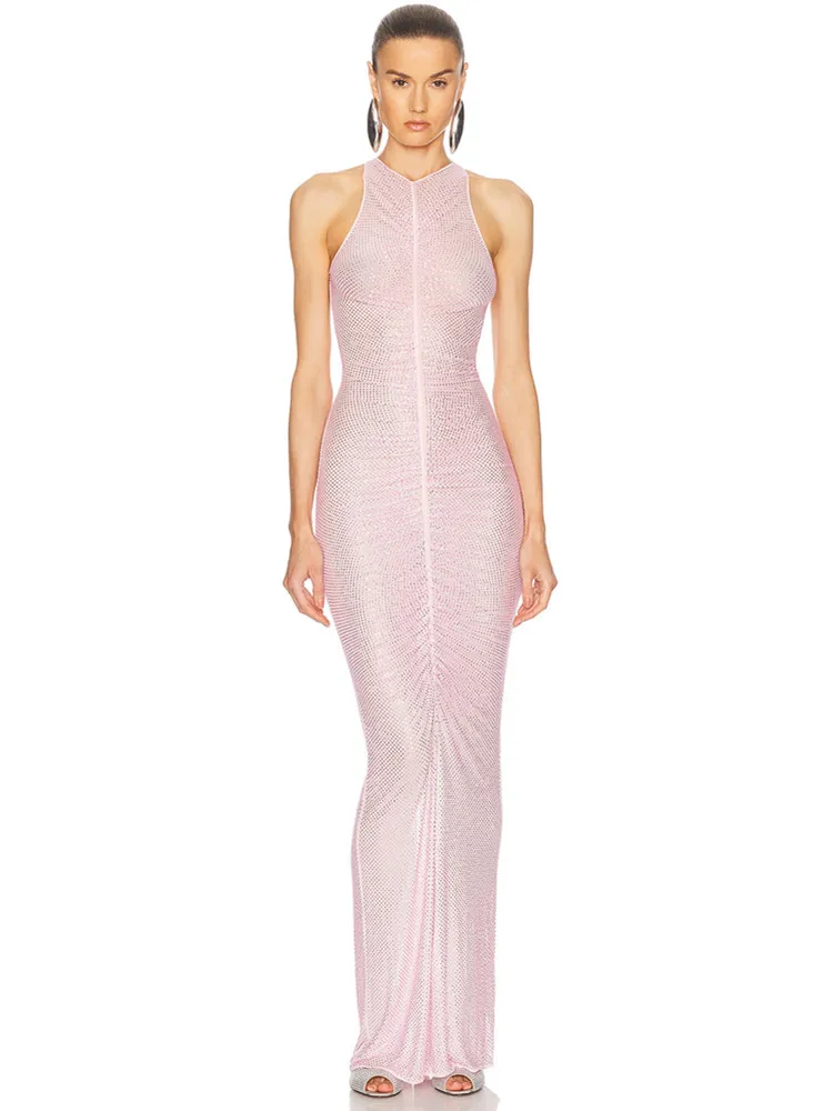 Nuove donne Celebrity Canotta sexy Diamanti rosa Backless increspato Beige Maxi abiti lunghi Abito 2025 Elegante Evening Party Club Vestido
