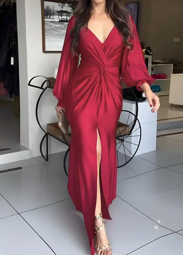 Sexy Dresses Women Deep V Split Sleeve Front Twist Slit Evening Dress Female Elegant Cinched Waist Zipper Back Party Dresses