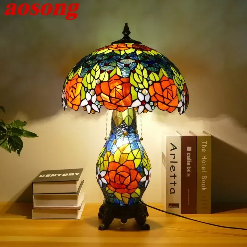 

AOSONG Tiffany Table Lamp American Retro Living Room Bedroom Lamp Luxurious Villa Hotel Stained Glass Desk Lamp