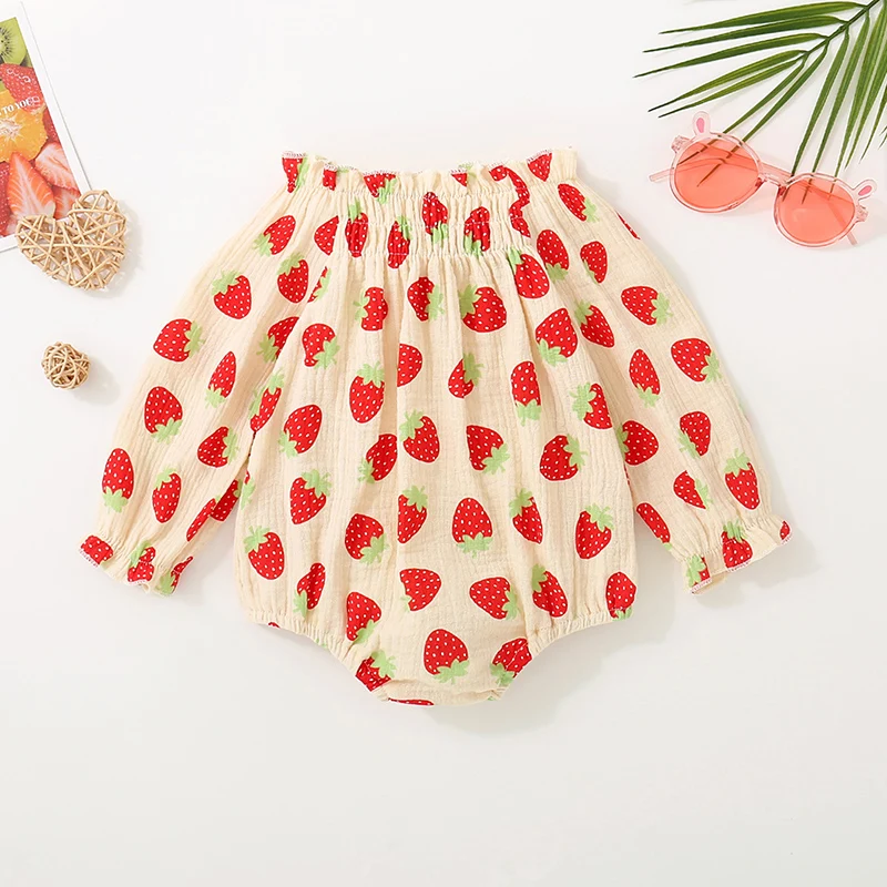 Cathery Cute Autumn Baby Girl Casual Romper Strawberry Print Ruffles Off Shoulder Long Sleeve Cotton Bodysuit Overalls Clothes