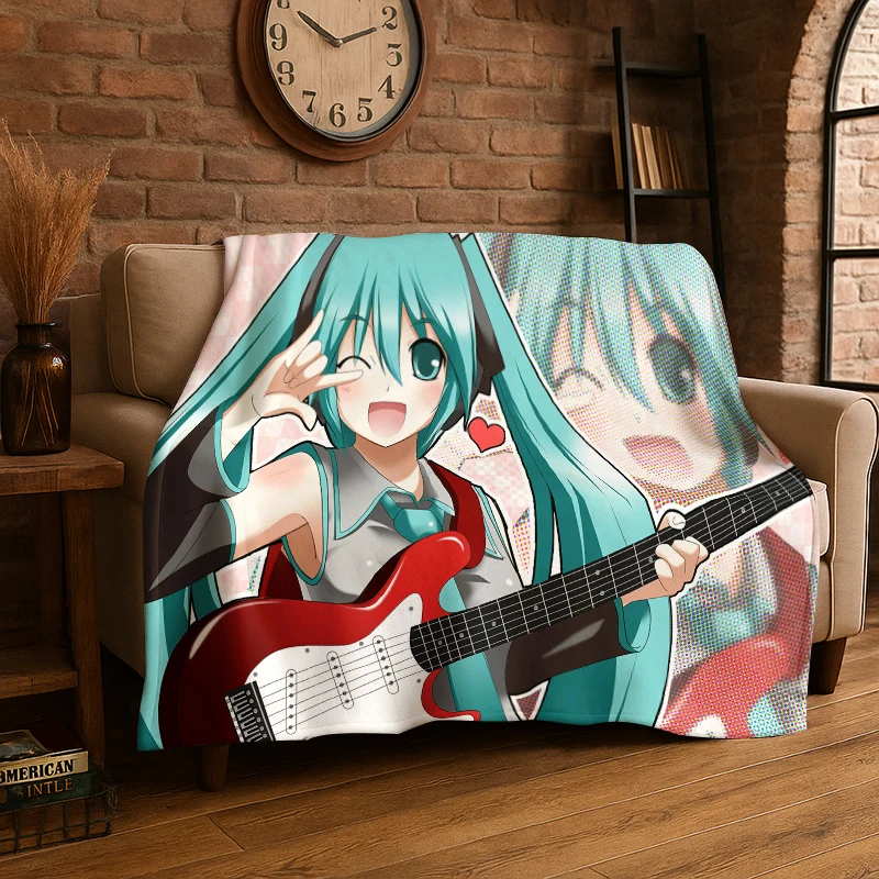 Music Girl M-MIKU Cartoon Flannel Blanket Soft Warm Throw Blanket for Bedroom Living Room Bed Travel Camping Picnic Gift