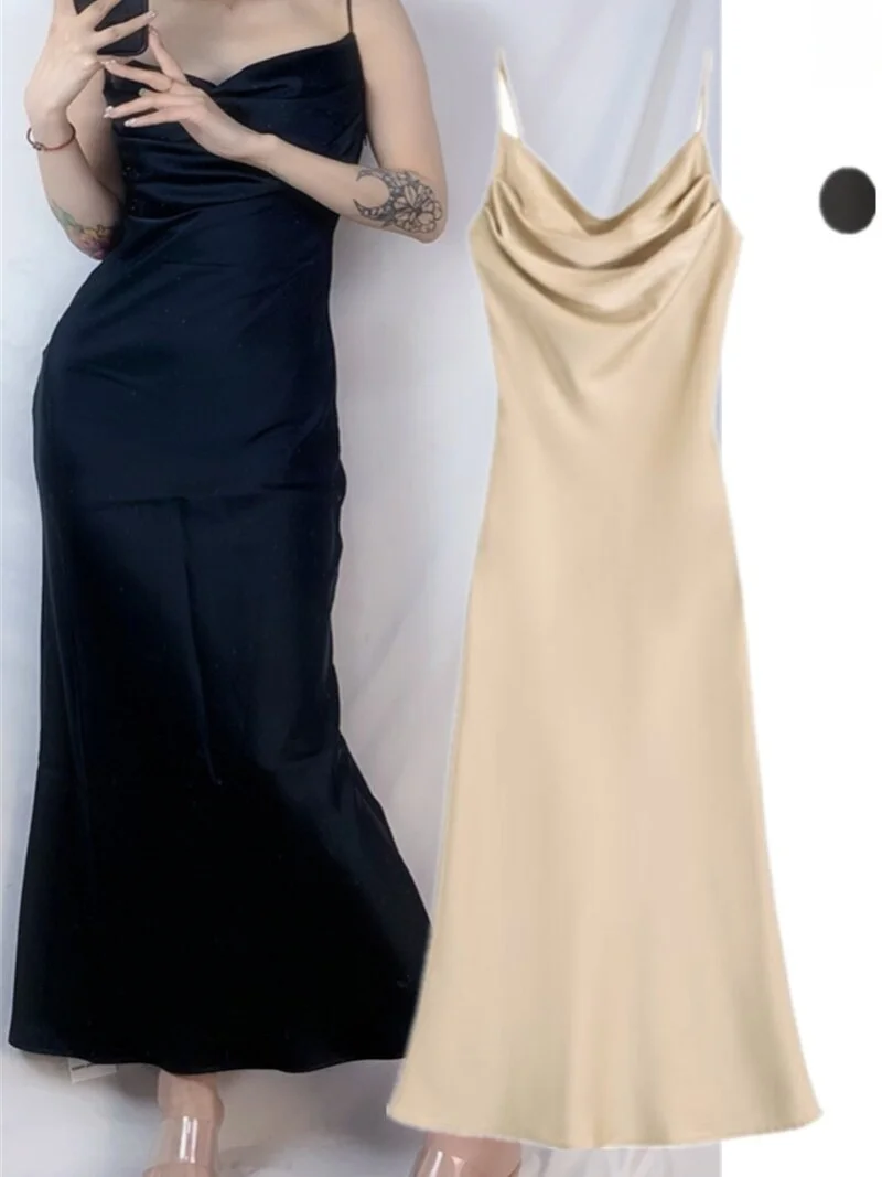 Ele Cetim Strapl Dr Sexy Bal Cintura Cinched Vestido Longo Europeu Sle No Sve Swing Collar Peça Única Outono...