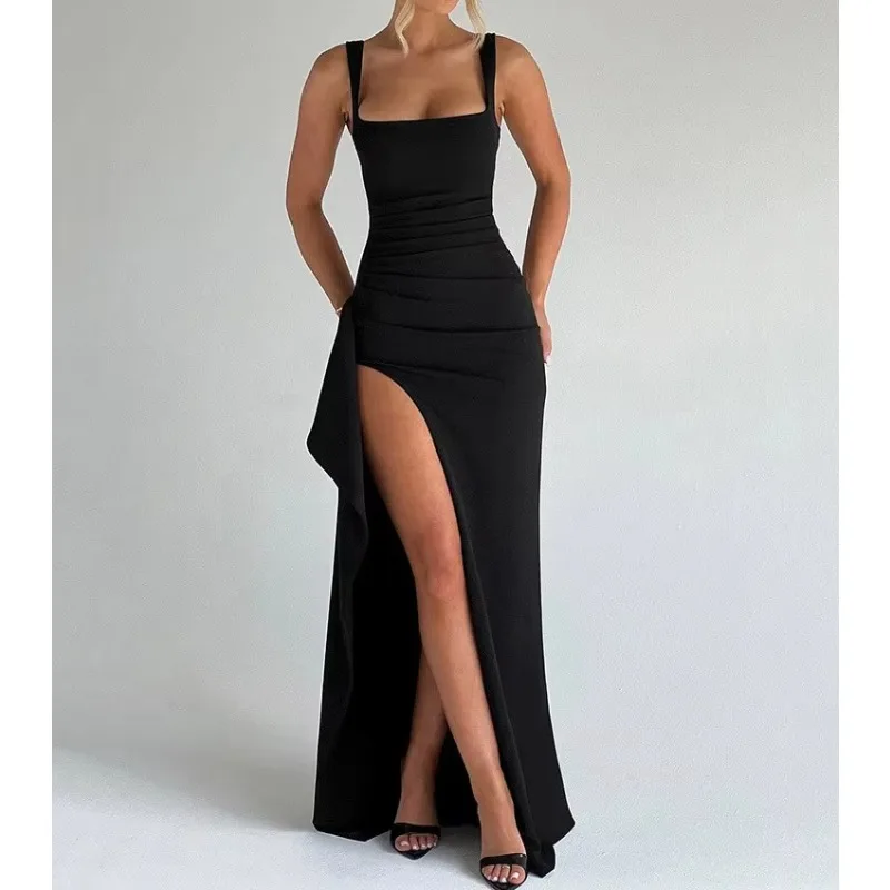 Black Backless Sexy Maxi Dress For Women Gown Spaghetti Strap Sleeveless Thigh High Split Club Evening Long Dress