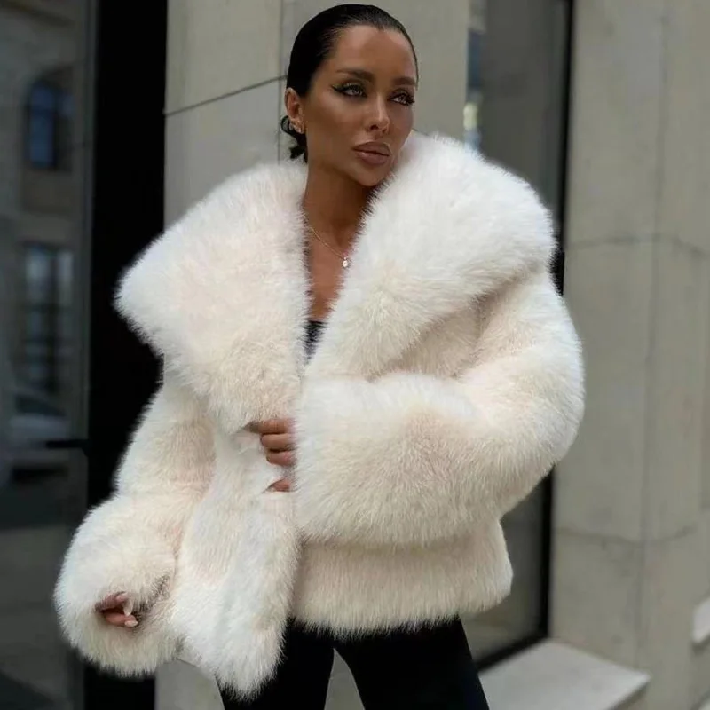 Fashionable and Elegant Coat Female Lapels Faux Fur Jacket Fluffy Casual Women's Top