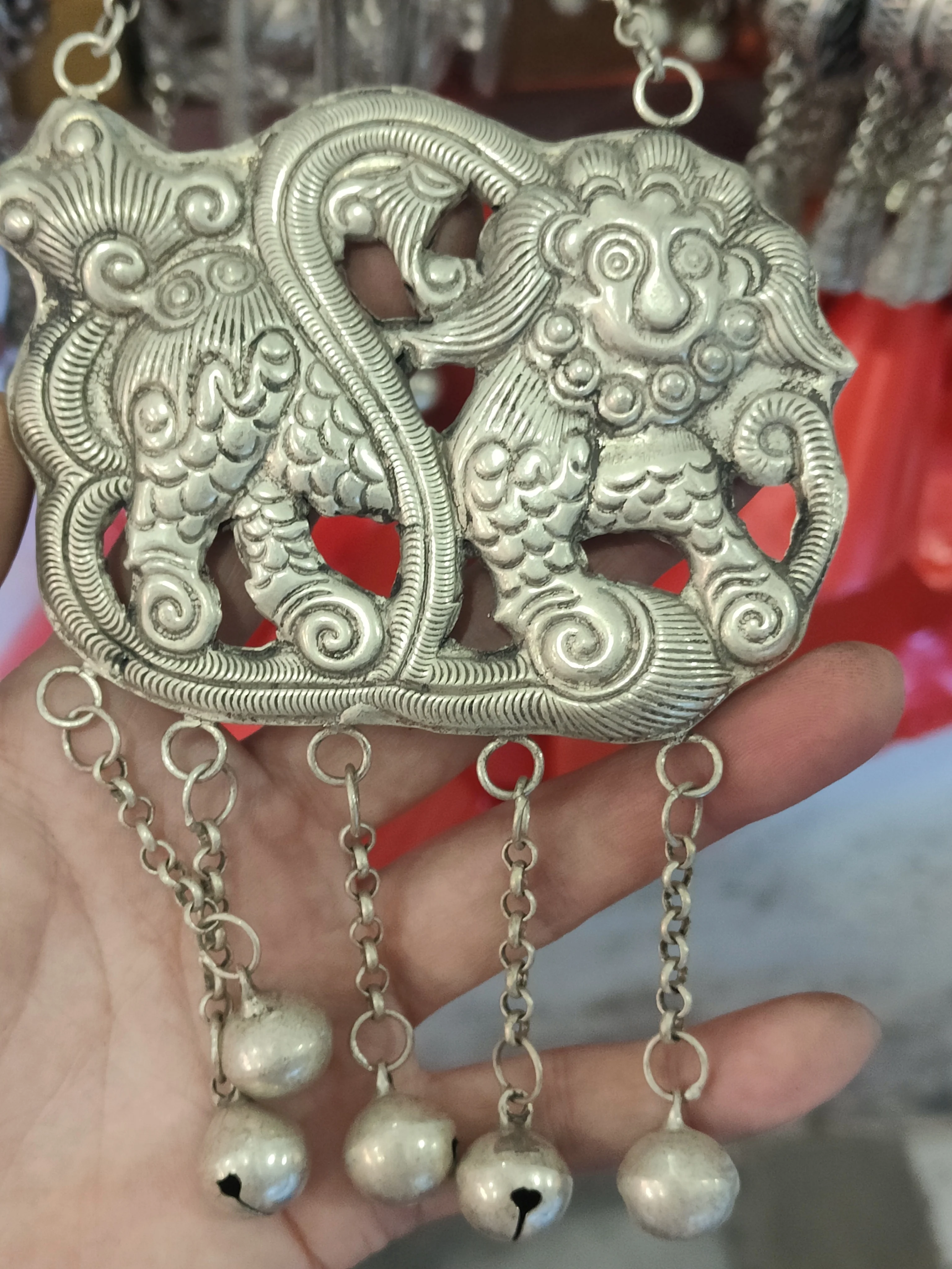 Chinese Tibetan silver lion bell lock