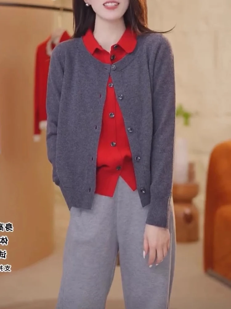 Kleur Blo Gebreid Wollen Open Vest Losse Casual Lange Sve Trui Sli Veelzijdige Top voor Dames Herfst Winterkleding