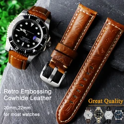 20mm 22mm Quick Release Pins Watch Band Vintage Embossing Retro Leather Strap for Rolex Tudor Breitling Hamilton Seiko Citizen