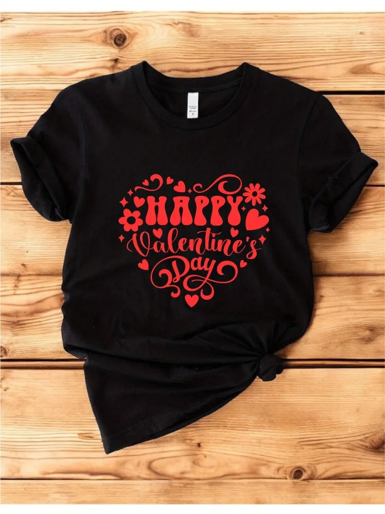

Женская футболка ко Дню святого Валентина, черное, красное сердце, украшение, хлопковый топ с круглым вырезом и короткими рукавами с буквенным принтом «Счастливый день Святого Валентина»