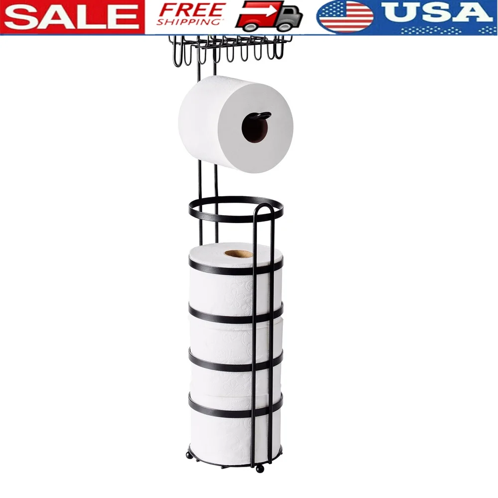 

Отдельно стоящий держатель для туалетной бумаги с дополнительным хранилищем в рулонах, матовый черный, полностью собранный, современный дизайн, удобство дома