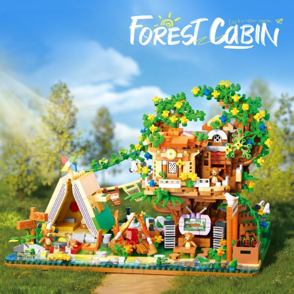 

MOC Кемпинговый домик на дереве с палаткой типа А, набор строительных блоков, вилла, дерево, цветочный домик, уличные игрушки, детские подарки на день рождения и праздник