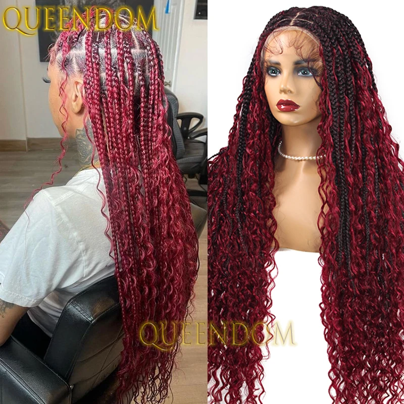 Full Lace Bohemian Synthetic Braids Wig Glueless Box Braided Ombre Burgundy Wig 32 Inch Cornrow Plaits Braid Wig With Curly Ends