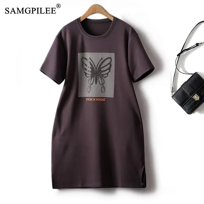 

Dresses For Women 2023 Heavy Industry Hot Diamond Printing O Neck Mid Length Air Cotton Korean Fashion Short Sleeve Female Dress