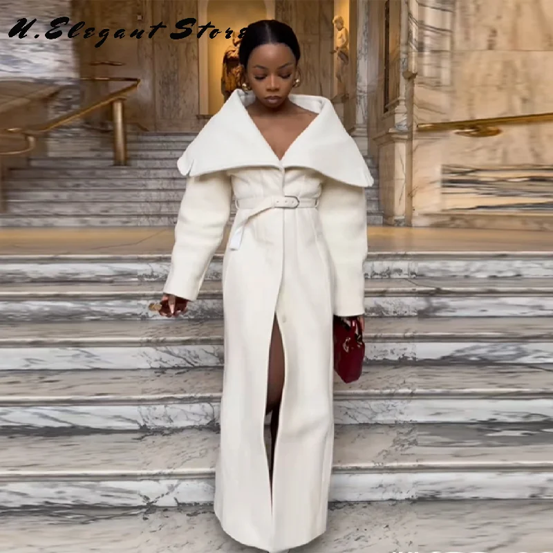 

Fashion Cool Woolen Blended Jacket For Women Turn Down Neck High Street Long Coats With Belt 2025 New Lady Autumn Streetwears