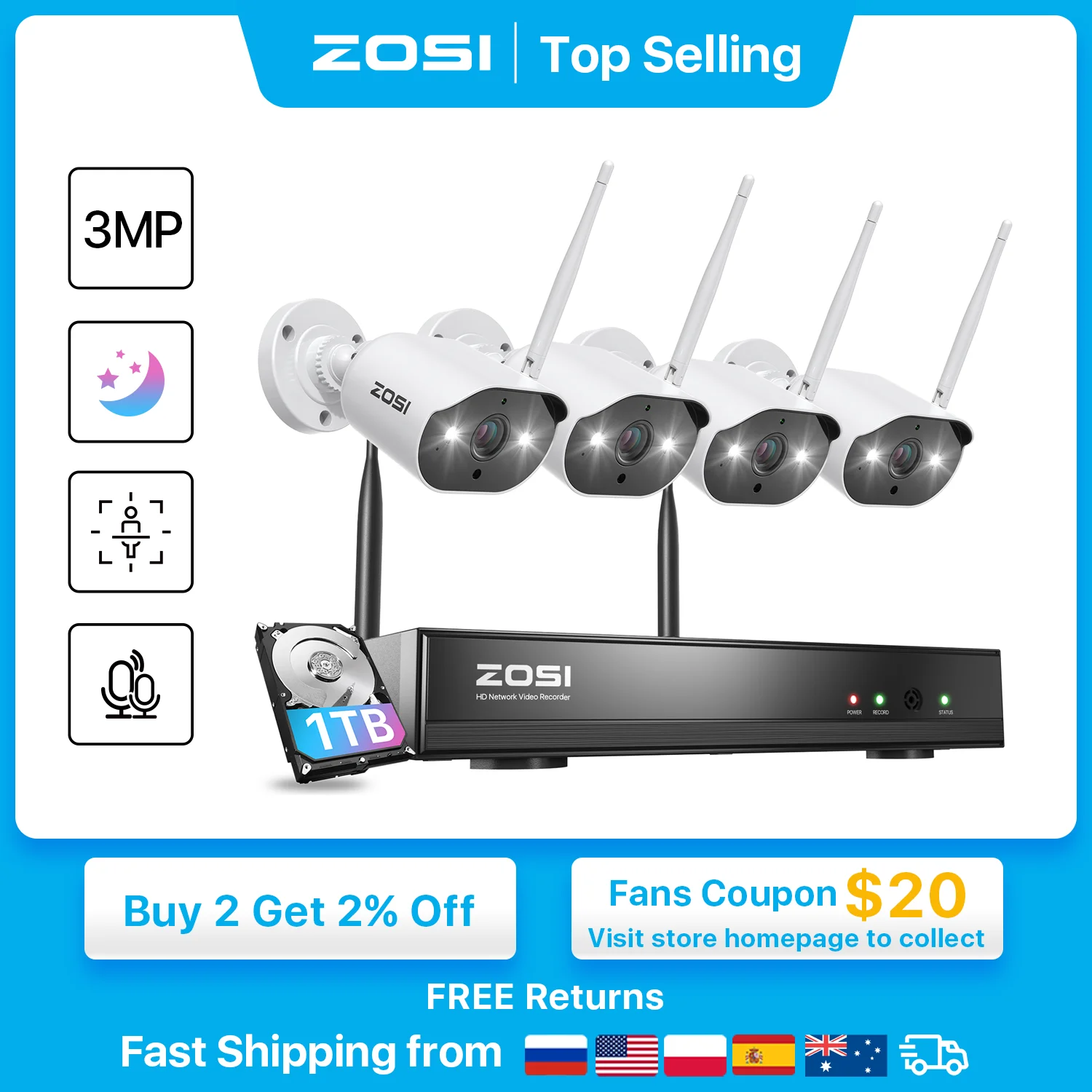 ZOSI 3MP Wireless Security Cameras System with 8channel H.265 2K CCTV NVR & 3MP HD Outdoor IP Camera WiFi Video Surveillance Kit