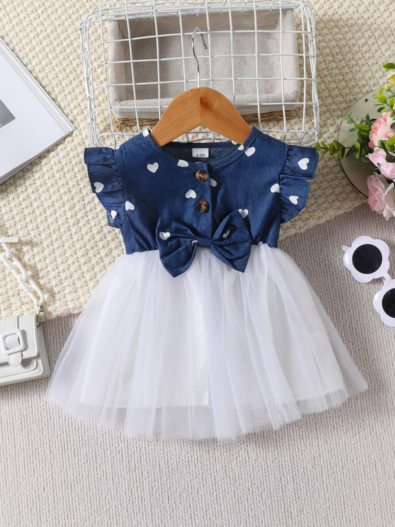 Summer Baby Girl Cotton Ruffle Sleeve Love Printed Bow Patchwork Mesh White Dress Princess Formal Dresses For Kids Girl 3-24M