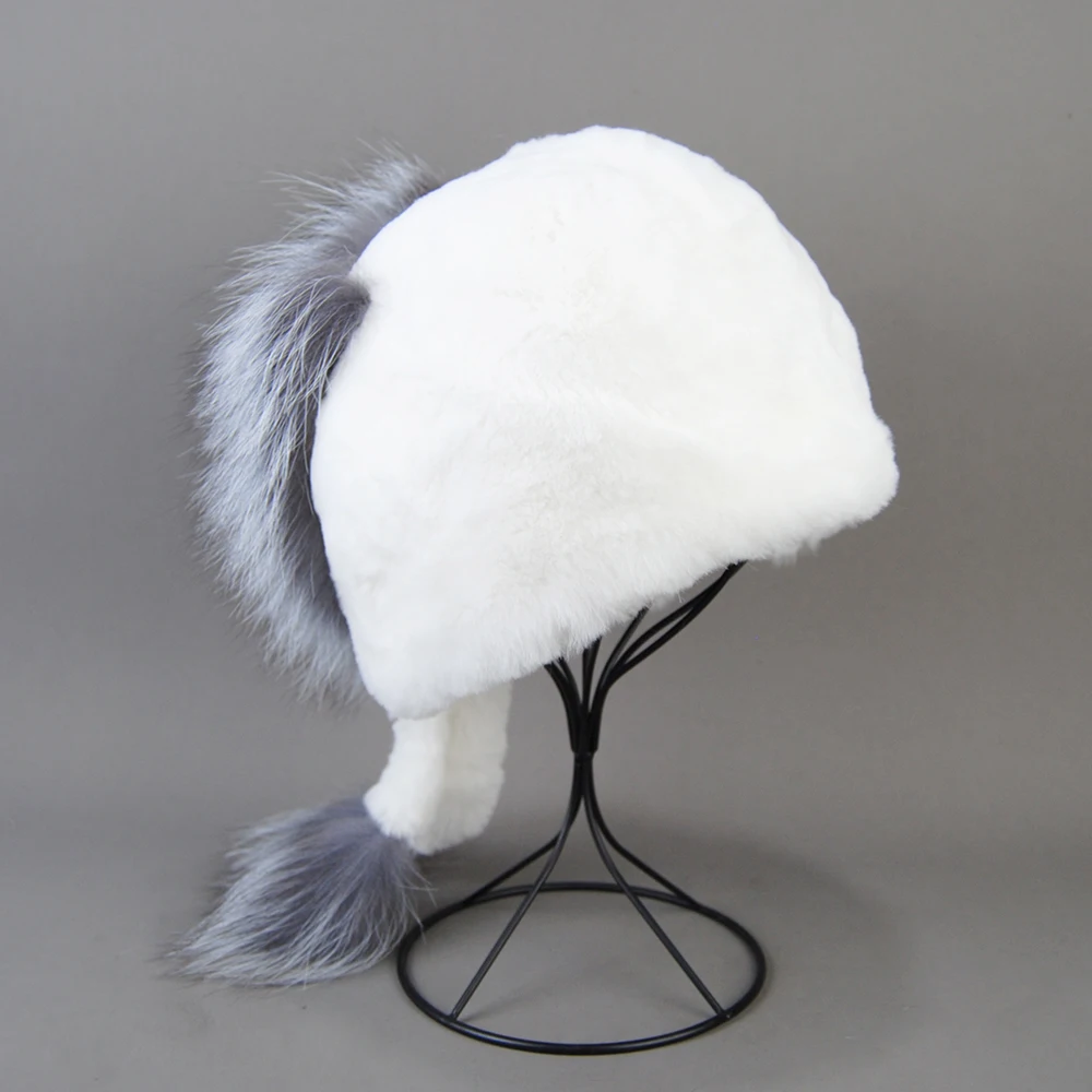 New Winter Fur Hat for Women Real Rex Rabbit Fur Hats with Silver Fox Fur Flower Knitted Beanies Caps New High-end Women Fur Cap