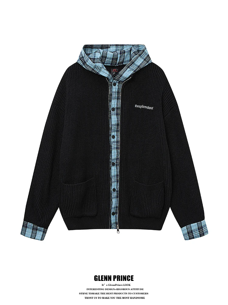 

Мужской вязаный кардиган в американском стиле с капюшоном, в стиле колледж, с лоскутной вышивкой, свободного кроя, для весны и осени