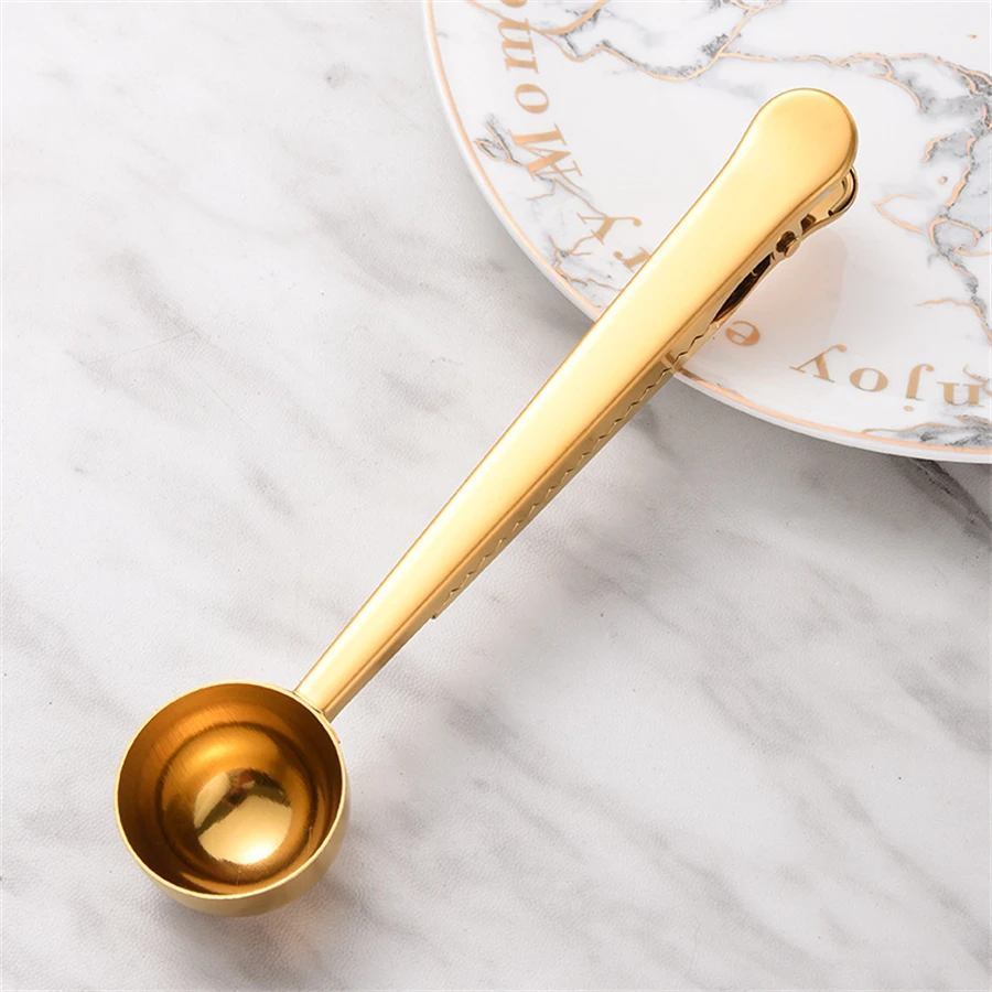 1PC Multifunctional Two-in-one Stainless Steel Coffee Spoon Snack bag Sealing Clip Kitchen Gold Accessories Cafe Decoration