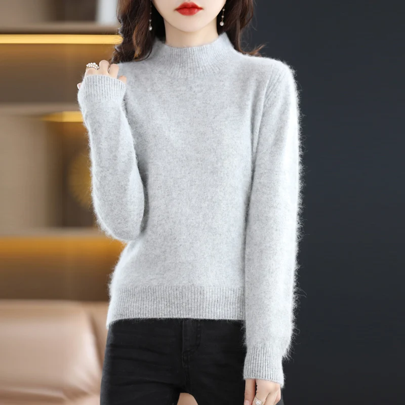 2024 Autumn/Winter New Women\'s Mink Cashmere Sweater With Semi High Collar Loose Fit Slimming Warm Long Sleeved Knitted Pullover