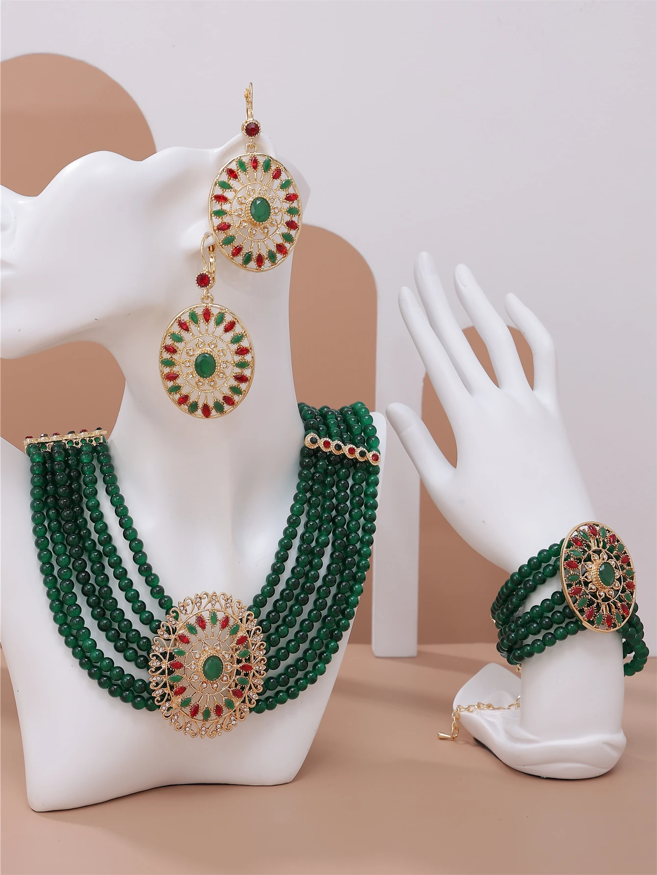 

Gold Color Morocco Luxuriant Bride Wedding Jewelry Set Handmade Beaded Necklace Earring Bracelet For Women Bijou