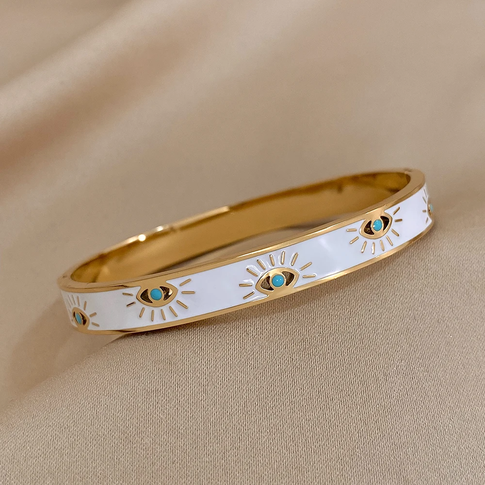 ALLYES Trendy 316L Stainless Steel Devil Eye Bracelet for Women Charm White Enamel Wrist Waterproof Bangles Bracelets Jewelry