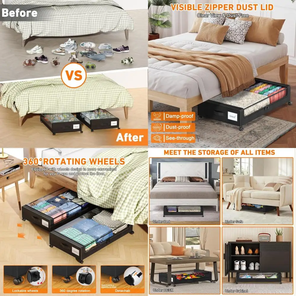 

2-Pack XXL 60L Clear Lid Under Bed Storage Boxes with Wheels for Clothes, Shoes, and Toys (Black)