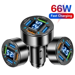 Car Charger 4 Ports 66W Fast Charging PD QC3.0 With Voltmeter Cigarette Lighter Socket Type C Adapter For iphone Samsung Huawei