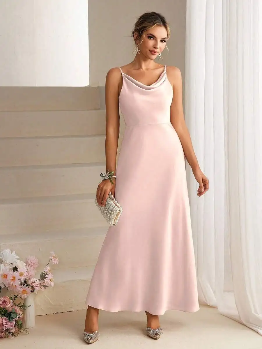 Elegant Satin Spaghetti Strap Long Gown For Bridesmaid Party Prom view 6
