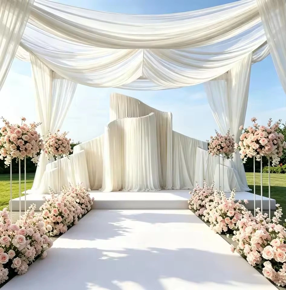Luxuriöses, verstellbares, wellenförmiges Metall-Hintergrundständer-Set, Hochzeitsbogen-Fotobox-Rahmen, Vorhang-Drapierungs-Requisiten für Outdoor-Partys und Events – Detail 2