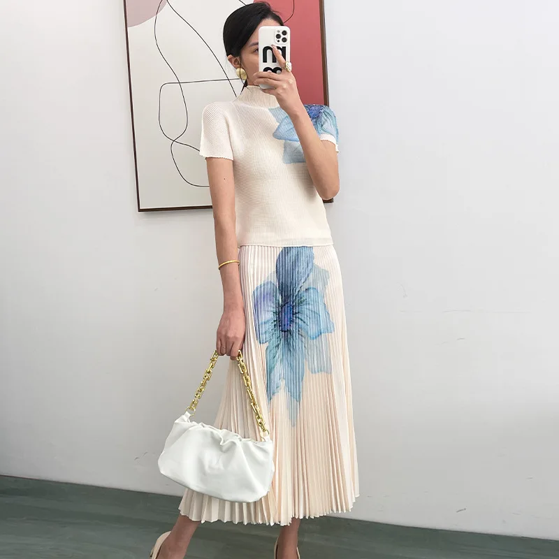 Fashion Printed High Neck Elastic Slim Fitting T-shirt+printed Long Pleated Skirt Two-piece 2024 Autumn Elegant Women Skirt Set