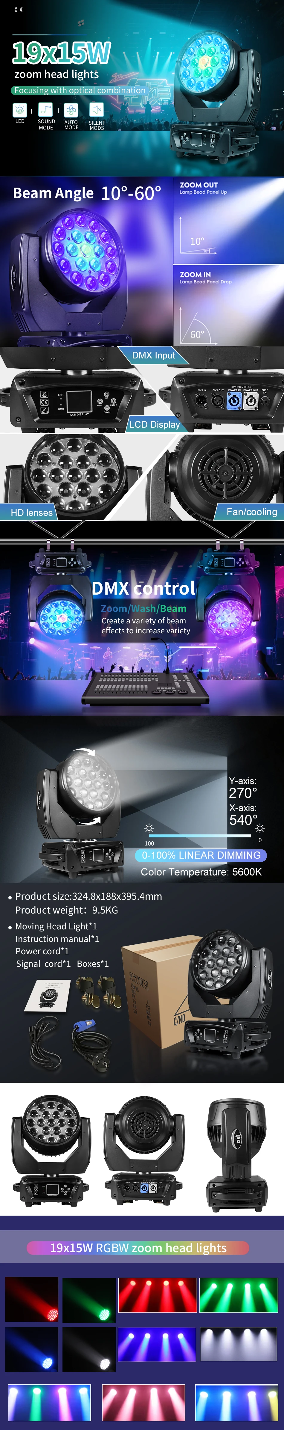 19x15W RGBW Moving Head Scheinwerfer mit Elektronischem Zoom und DMX-Steuerung für DJ, Disco, Hochzeit, Konzert, Bühnenauftritt, Großveranstaltung – Detail 1