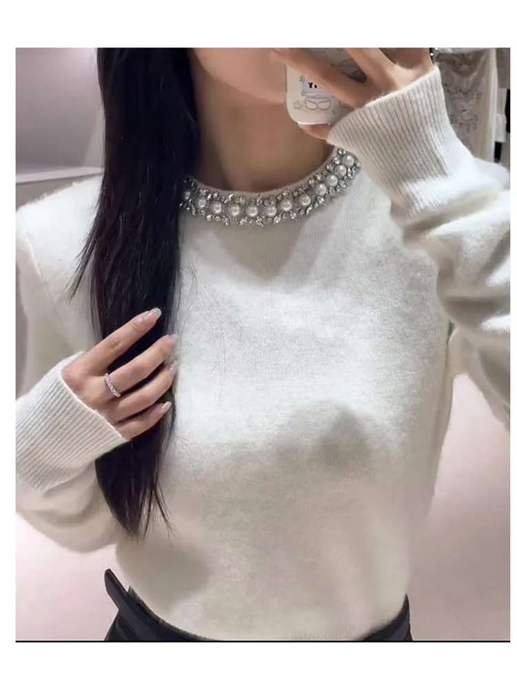 New gentle and sweet diamond pearl round neck short slim-fit knit base sweater